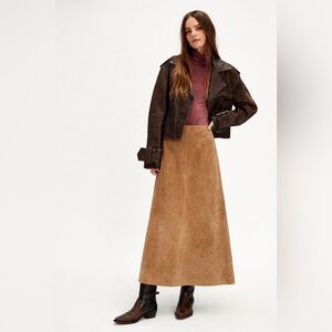 Jessica Holbrook Tan Suede Leather Maxi Skirt Size 16 Vintage 90s Boho